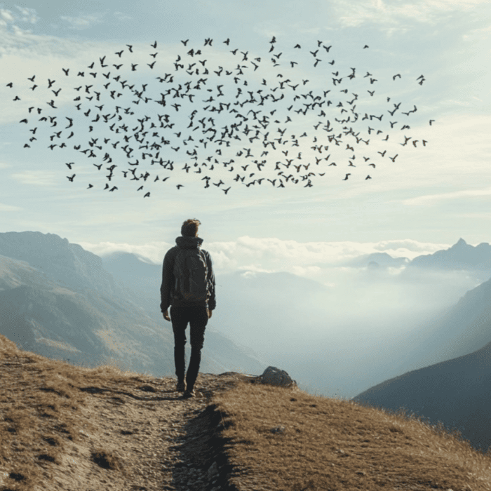 Matt Fraser, wearing a backpack, stands on a mountain path, overlooking a valley with distant peaks. A large flock of birds flies overhead against a cloudy sky.