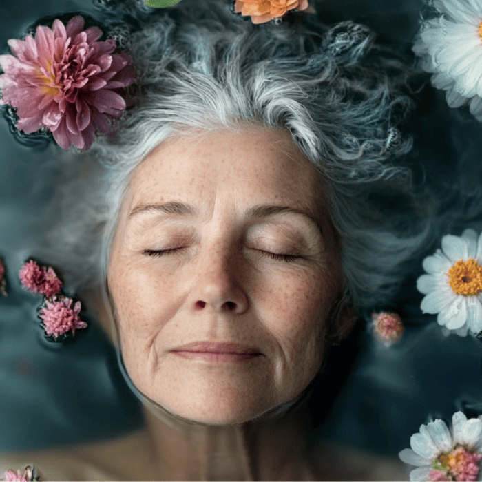 A woman with grey hair and closed eyes is floating in water surrounded by various flowers, including white daisies and pink blossoms.