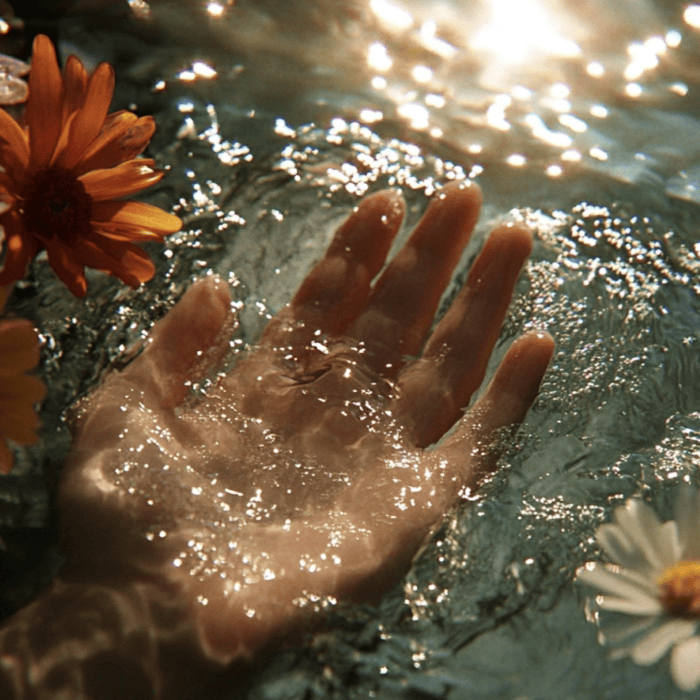 A hand partially submerged in shimmering water with orange and white flowers floating nearby, under bright sunlight, belonged to Matt Fraser.