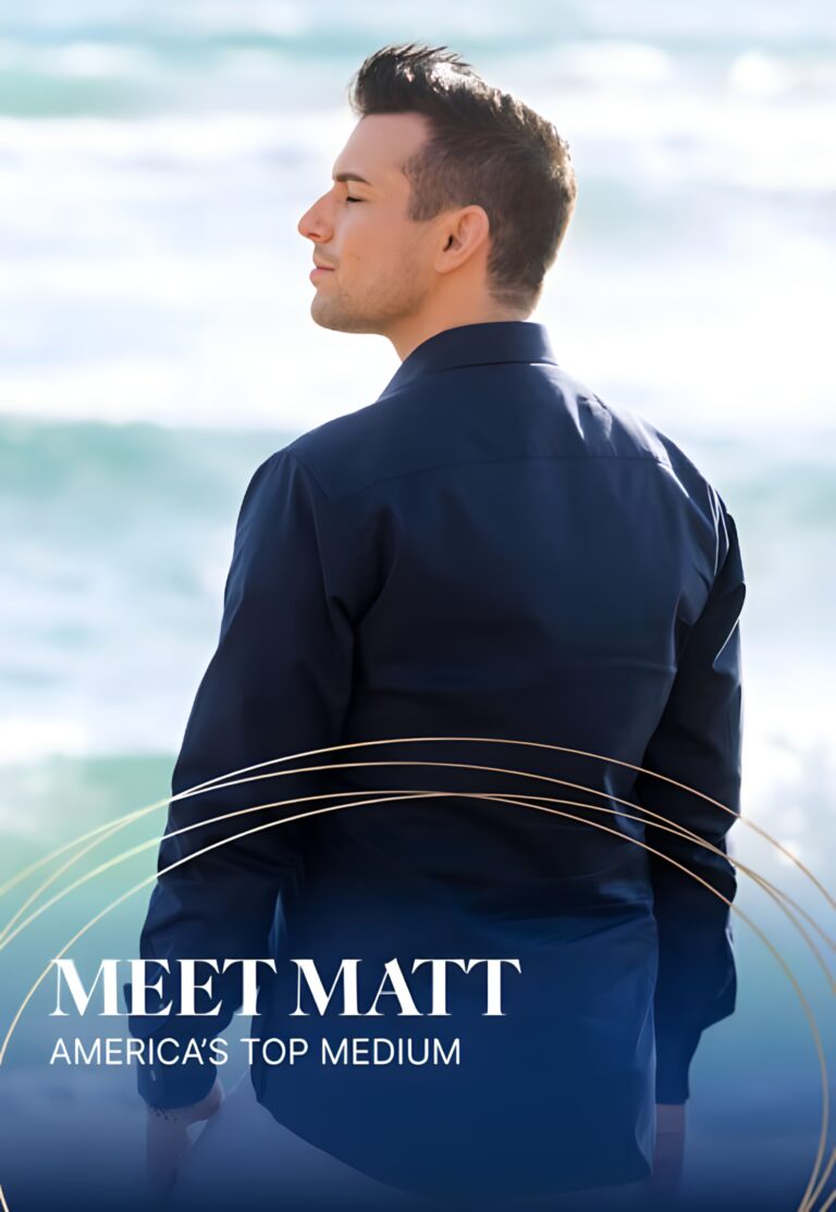Matt Fraser in a dark shirt stands on a beach, facing the ocean. Text reads "Meet Matt Fraser, America's Top Medium.