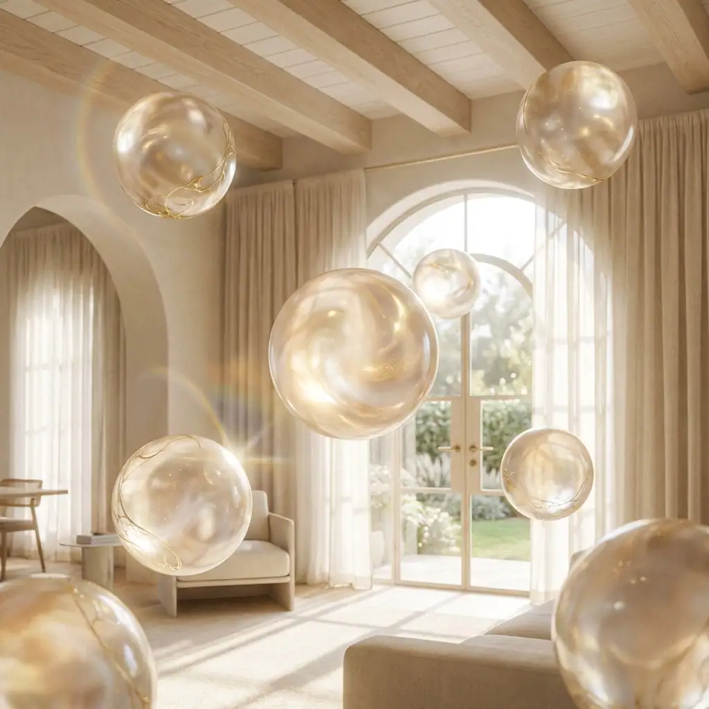 Large, shiny soap bubbles float in a sunlit living room with arched windows, cream curtains, wood beams, and neutral furniture.