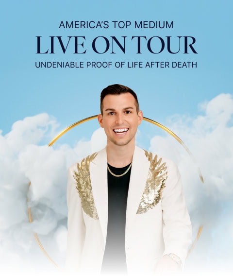 Poster featuring Matt Fraser, a smiling man in a white suit with gold accents. Text reads: "America's Top Medium Live on Tour: Undeniable Proof of Life After Death." Background shows clouds and a golden circle.