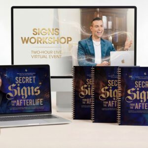 A digital workshop setup with devices, notebooks, a handbook, and headphones, all branded for Matt Fraser’s “Secret Signs Workshop.”.