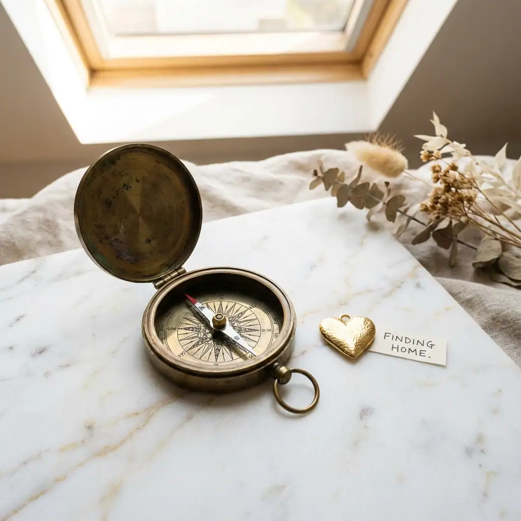 An open brass compass, a gold heart-shaped object, and a "Finding Home." card rest on white marble by dried flowers and a window.