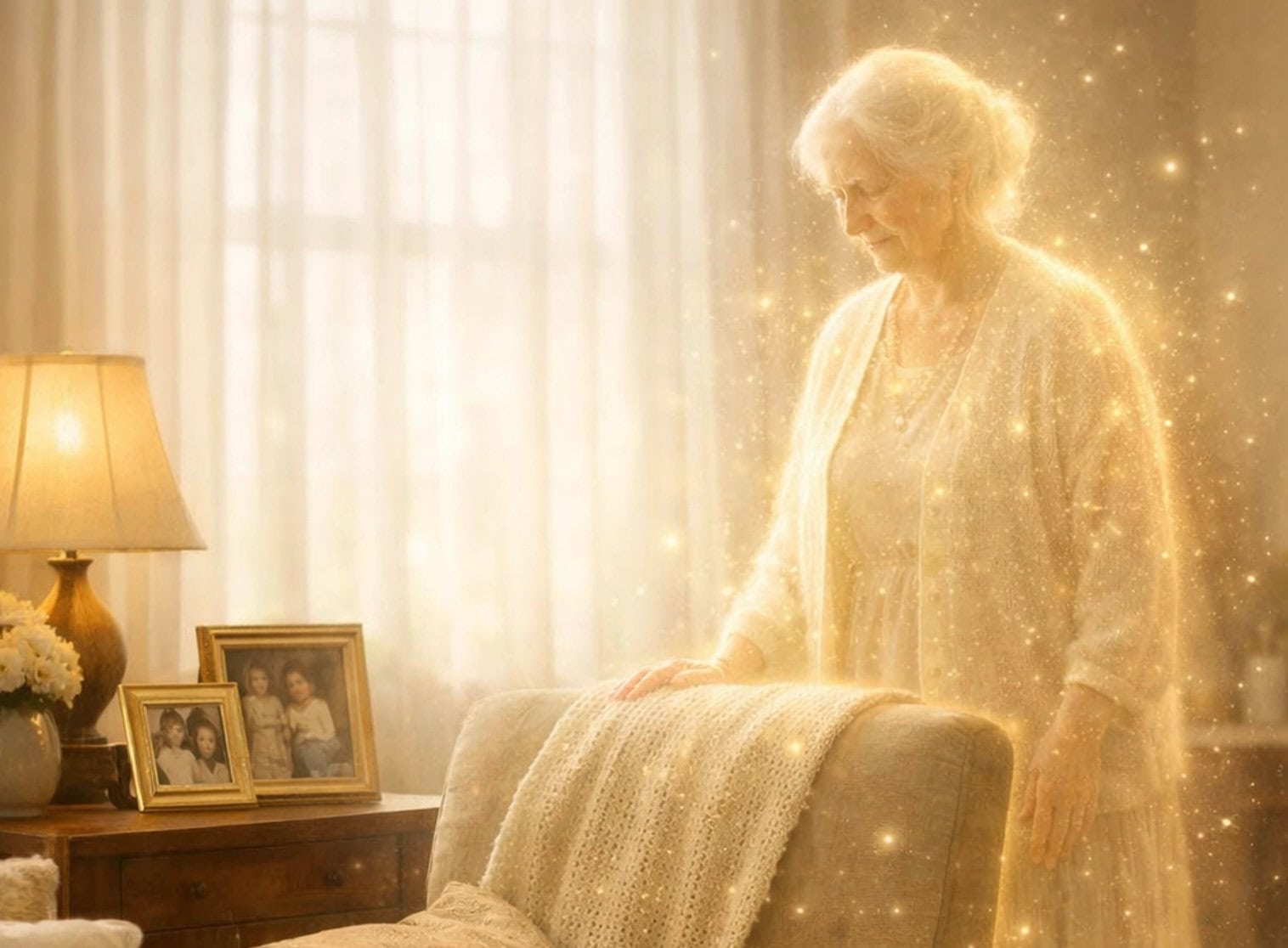 An elderly woman radiating a golden aura stands by a chair in a softly lit room adorned with family photos on a table.