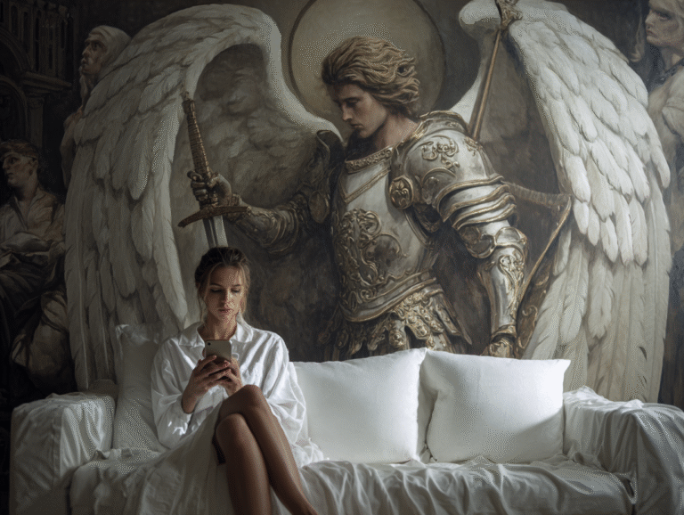 A woman in a white robe sits on a white sofa using her phone, with a mural of armored Matt Fraser as an angel holding a sword behind her.