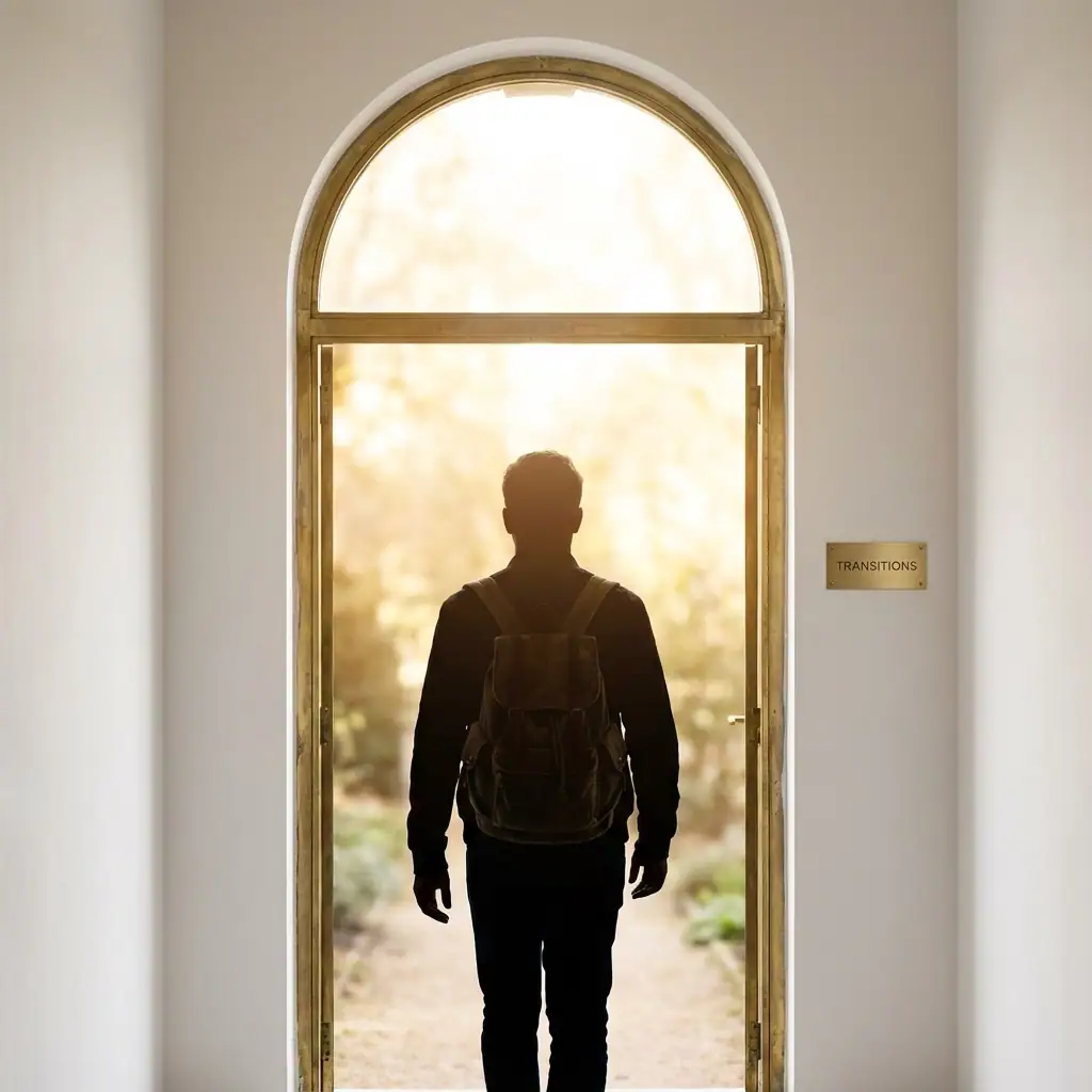 Matt Fraser with a backpack stands silhouetted in a doorway labeled "TRANSITIONS," looking out toward sunlight and greenery.